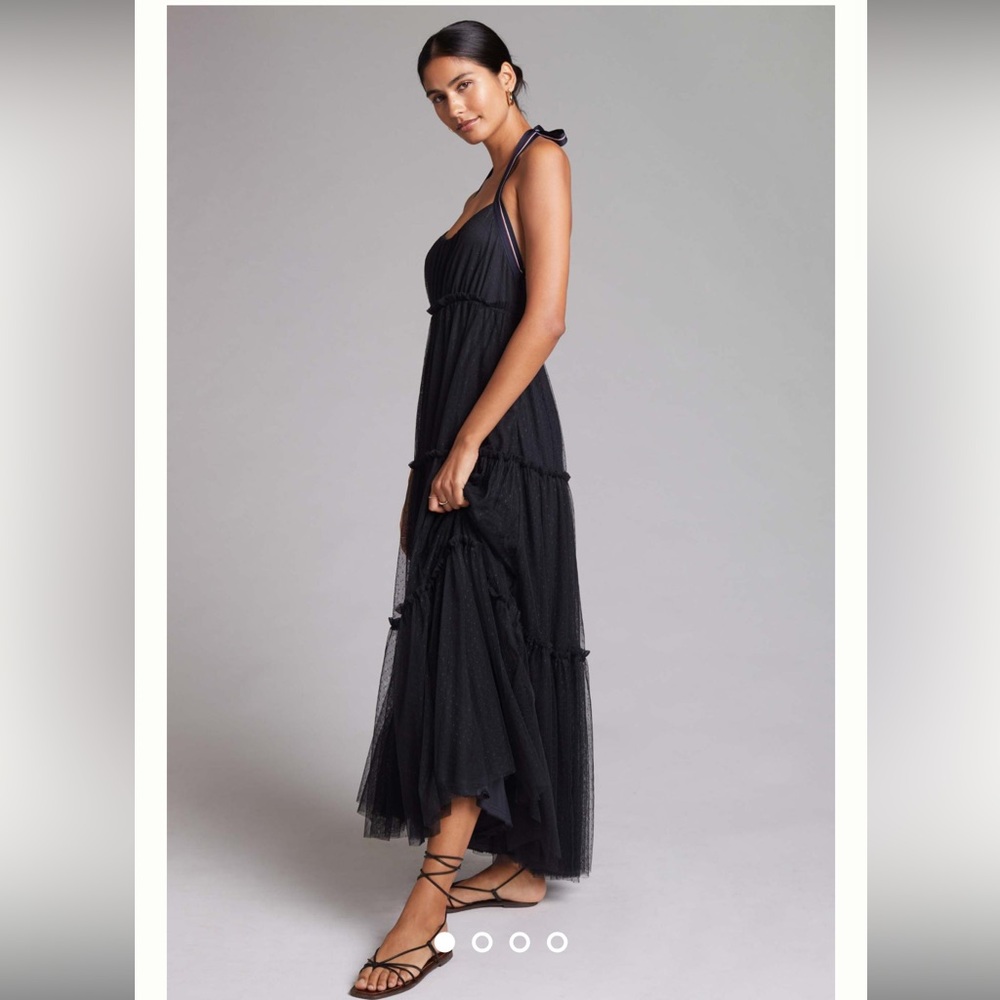 NWT, Maeve by Anthropologie, black tulle ribbon halter midi dress, size: 2